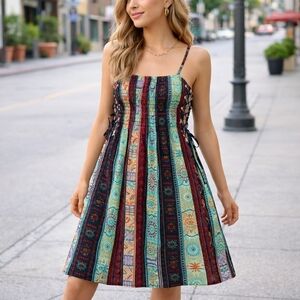 NWT Hem & Thread Lace-Up Sides Boho Stripe Sleeveless Multicolor Dress